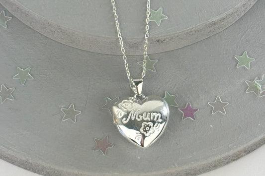 Sterling silver Mum locket with floral engraving on heart-shaped pendant