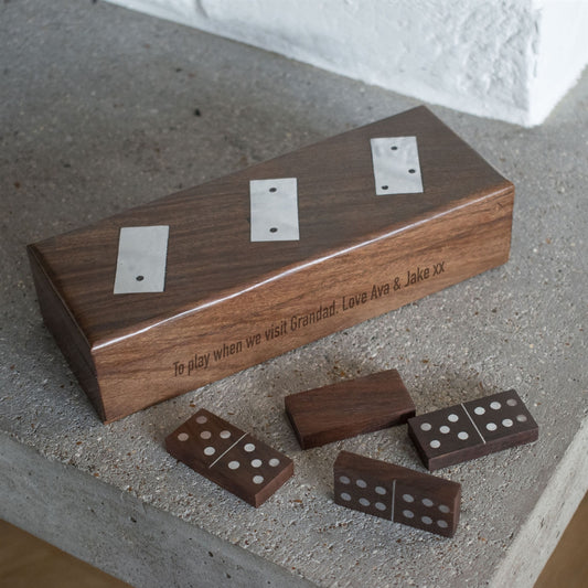 Sheesham wood domino box inlaid with aluminium and with your own personal message on the side of the box. Contains 28 mango wood, aluminium inlaid dominos
