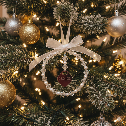 Crystal and pearl circle with engraved sterling silver heart and tiny blue bead