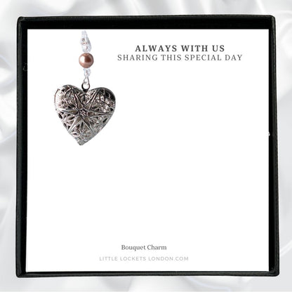 Filigree opening locket with crystals and a pearl in your wedding colours. Shown in gift box with the message "Always with us, sharing this special day"