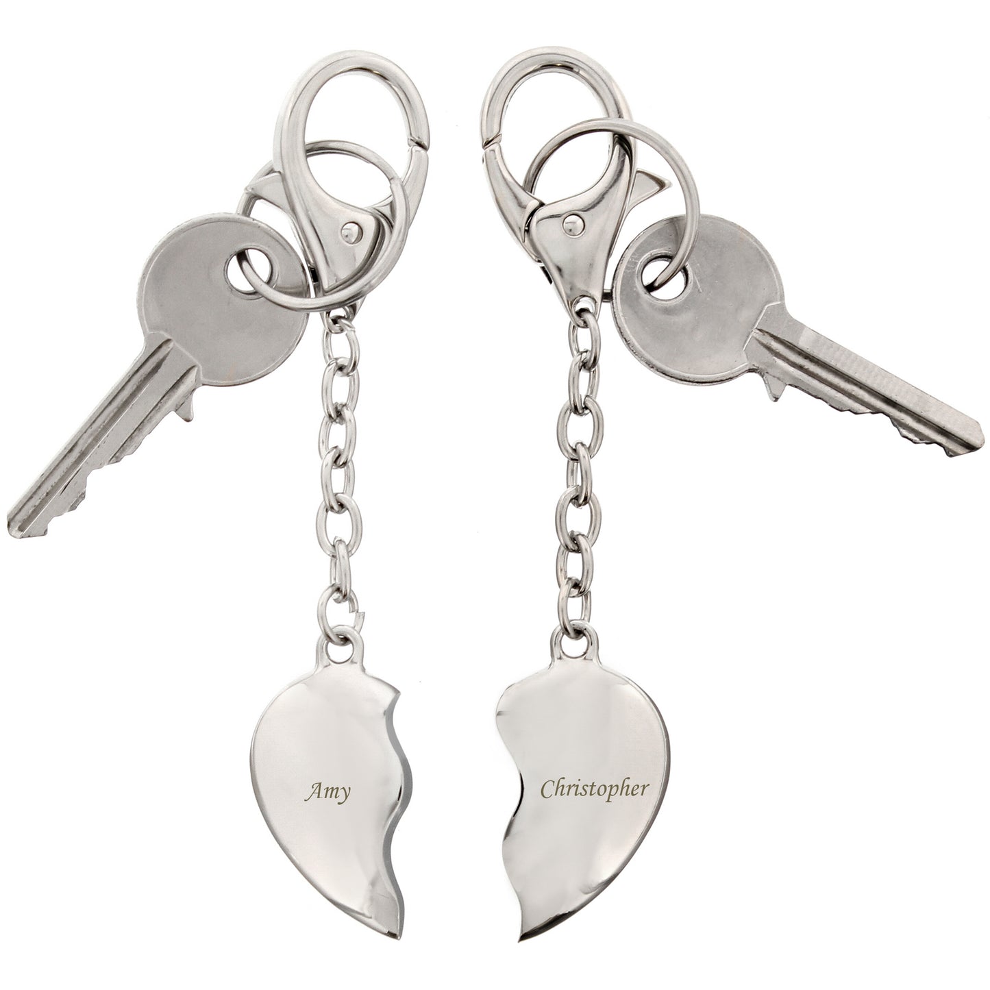 Two keychaines with heart-shaped charms engraved with names of your choice.