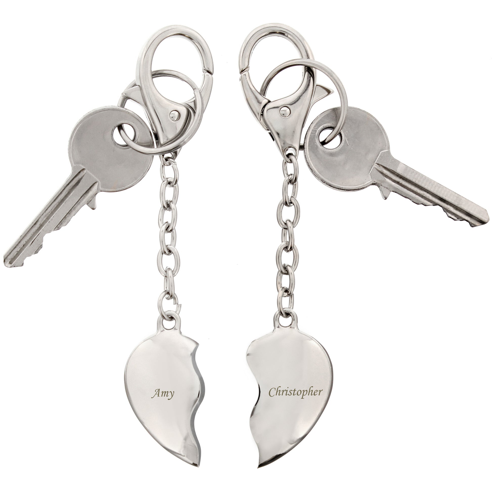 Two keychaines with heart-shaped charms engraved with names of your choice.