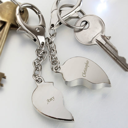 Two keychaines with heart-shaped charms engraved with names of your choice.