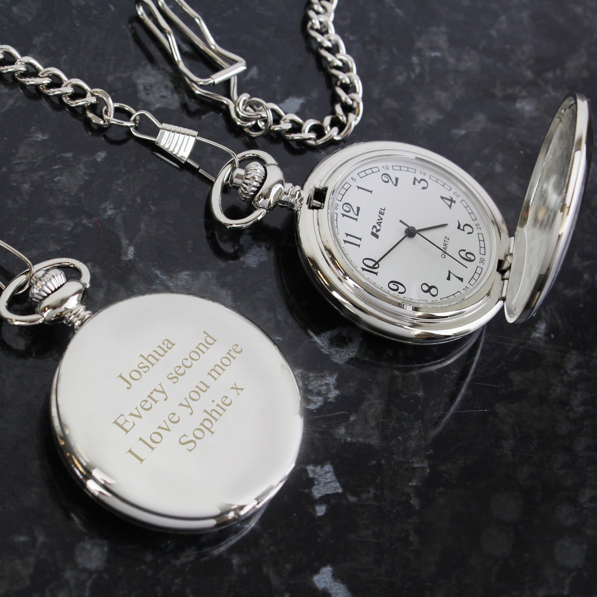 Chrome plated pocket watch engraved with up to four lines of text, showing interior of watch also