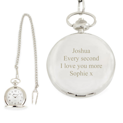Chrome plated pocket watch engraved with up to four lines of text showing chain and waistcoat pin