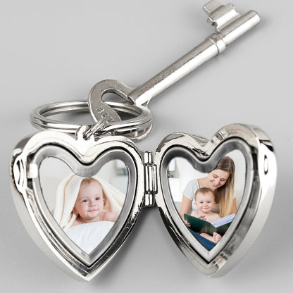Interior of heart shaped keyring showing two photos