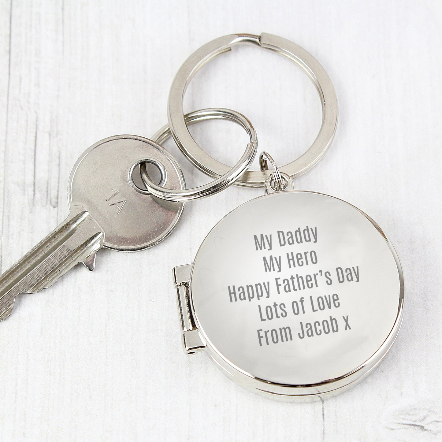 Round chrome locket keyring engraved with your own message - for Fathers Day or any occasion