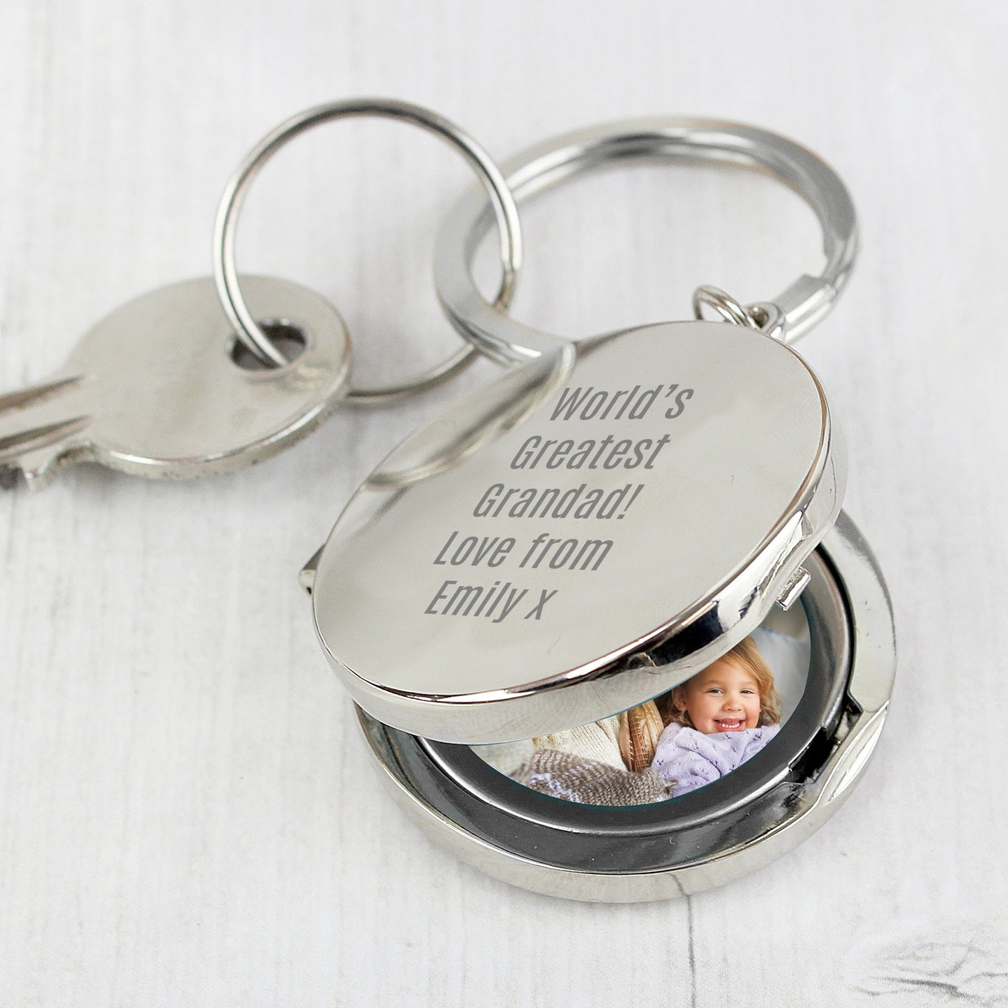 Round photo locket, engraved with your own message - takes two photos. Gift for Grandad