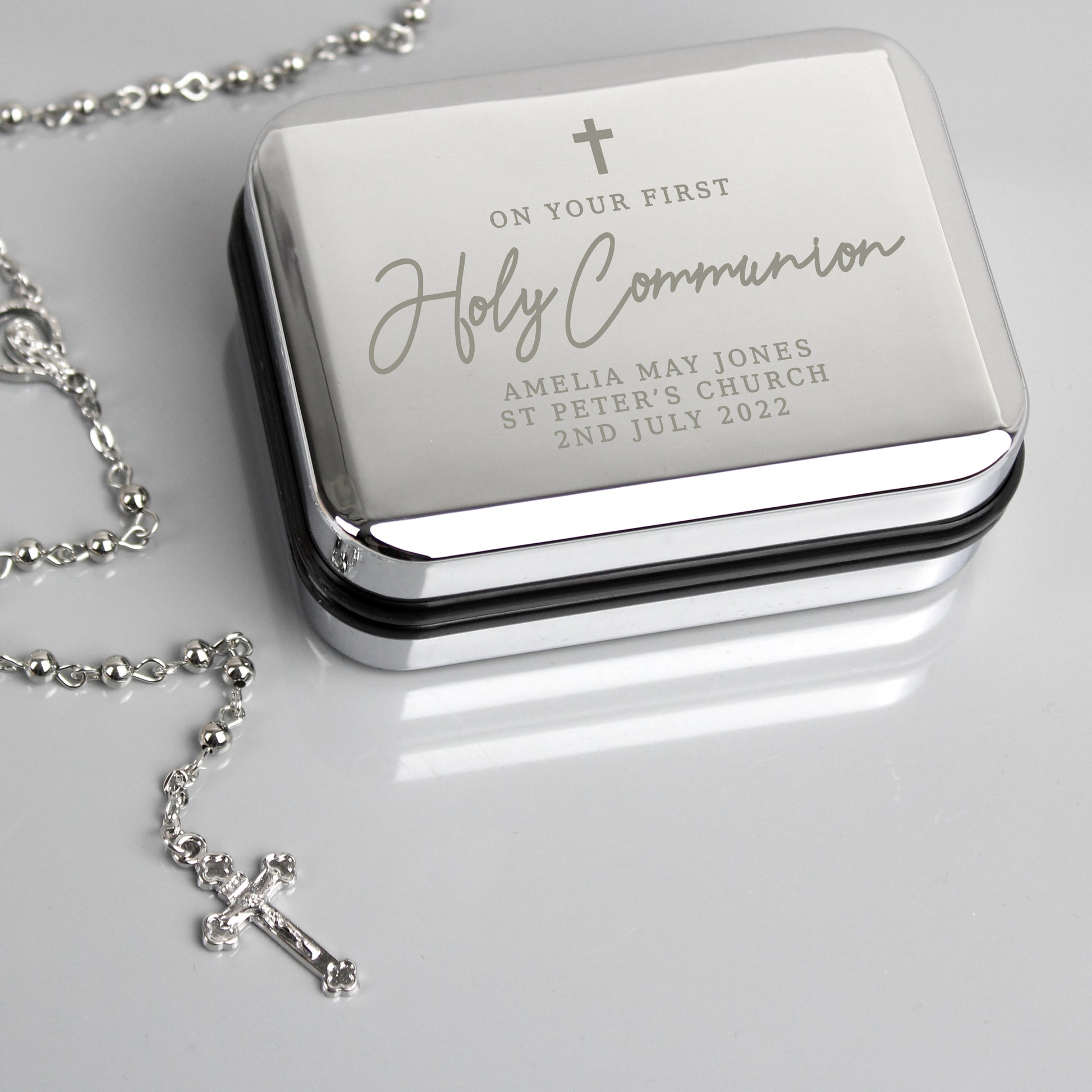 Steel first holy communion trinket box with engraved cross and "on your first holy communion" message, personalised with your own message of up to three lines and including rosary beads