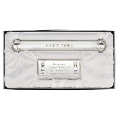 Silver plated certificate holder on a silver plated base shown as containing a baptism cettificate for a baby and engraved with his name and christening details, shown in gift box