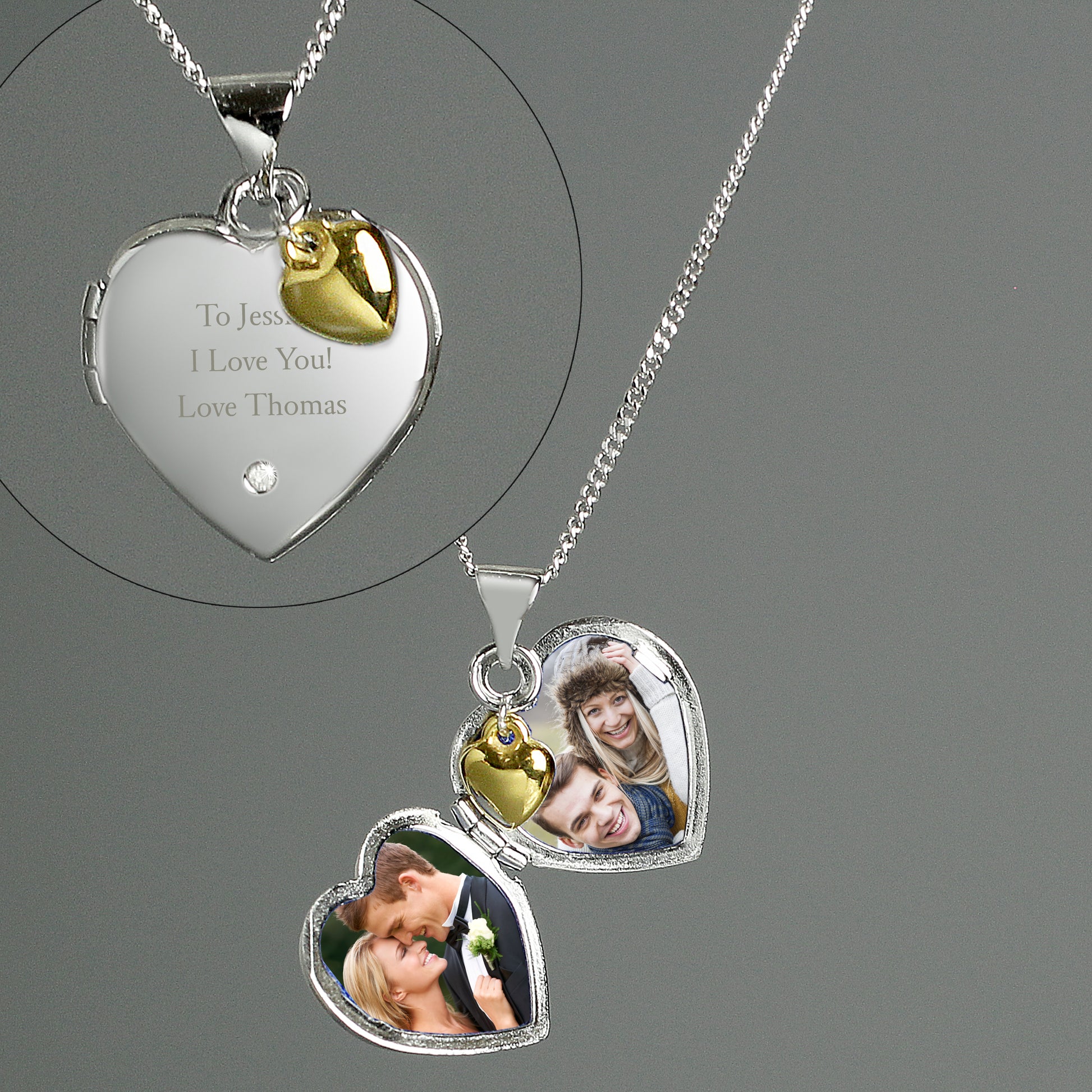 sterling silver heart shaped locket with engraved message and tiny gold heart, opened to show photos