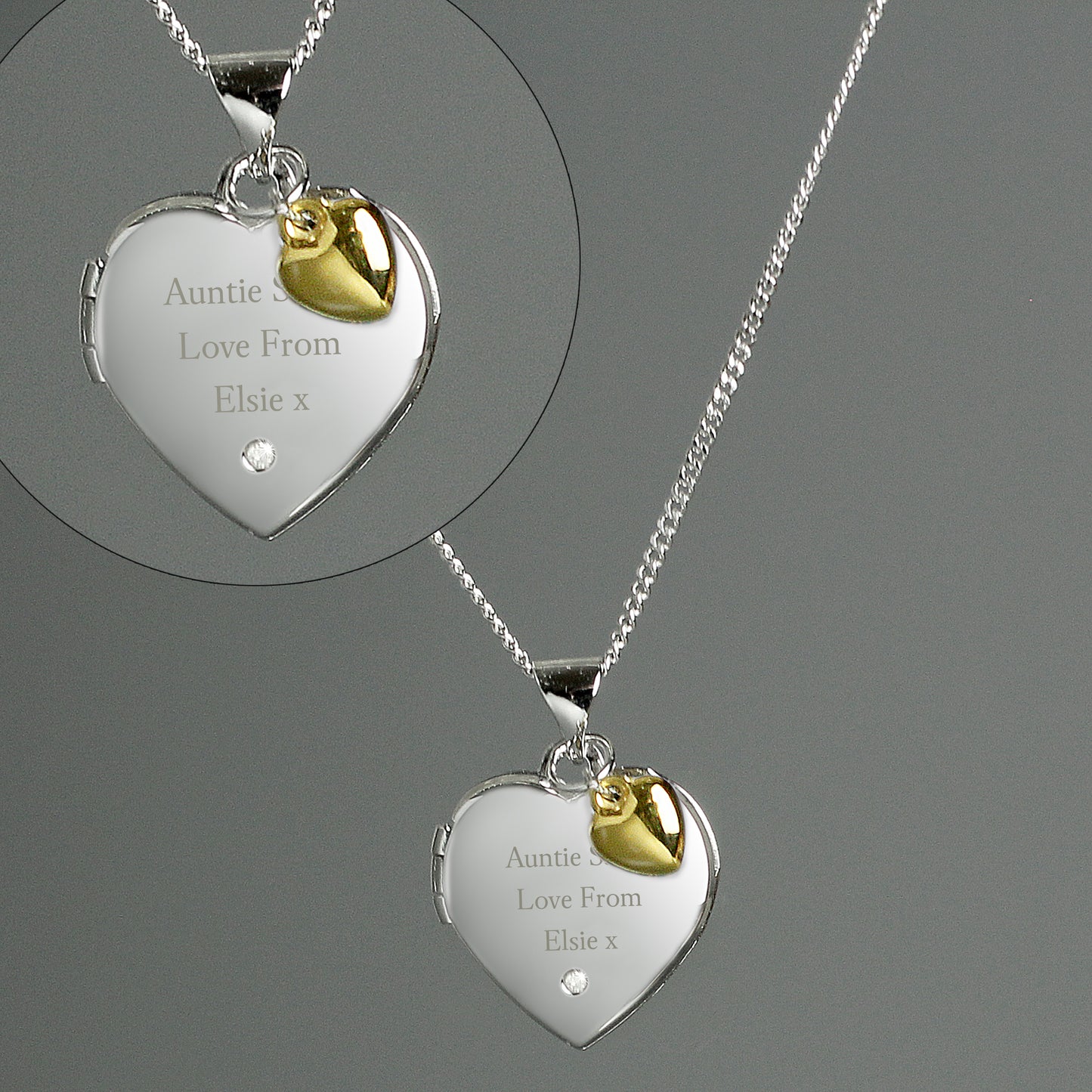 sterling silver heart shaped locket with engraved message and tiny gold heart, close up view
