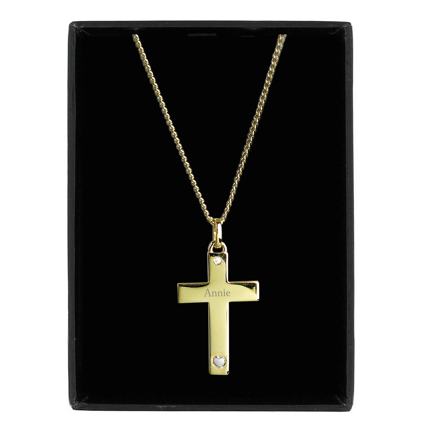 9CT gold plated sterling silver cross and chain, with a tiny zircona at the head of the cross and a small sterling silver heart at the base, the cross is suspended from an 18" gold plated chain and can be personalised with a name of your choice. shown gift boxed