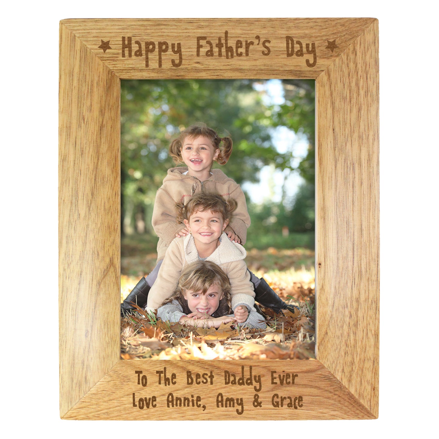 Wooden frame holding 5 x 7 inch photo. Happy Father's Day at the top of the frame and your own message at the foot of the frame.