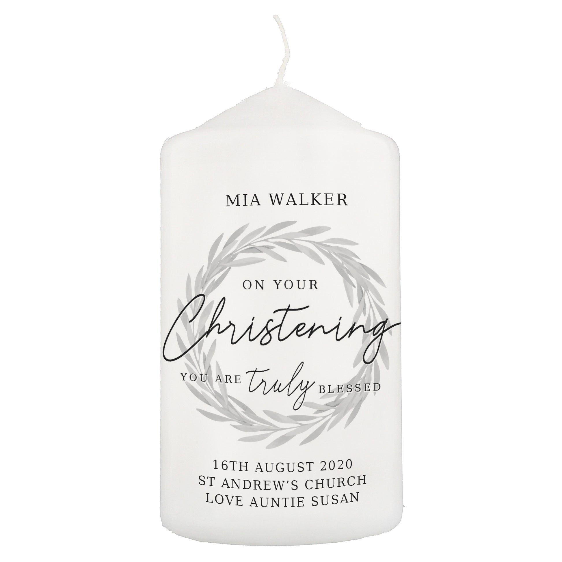 white christening candle, personalise with  up to four lines of text