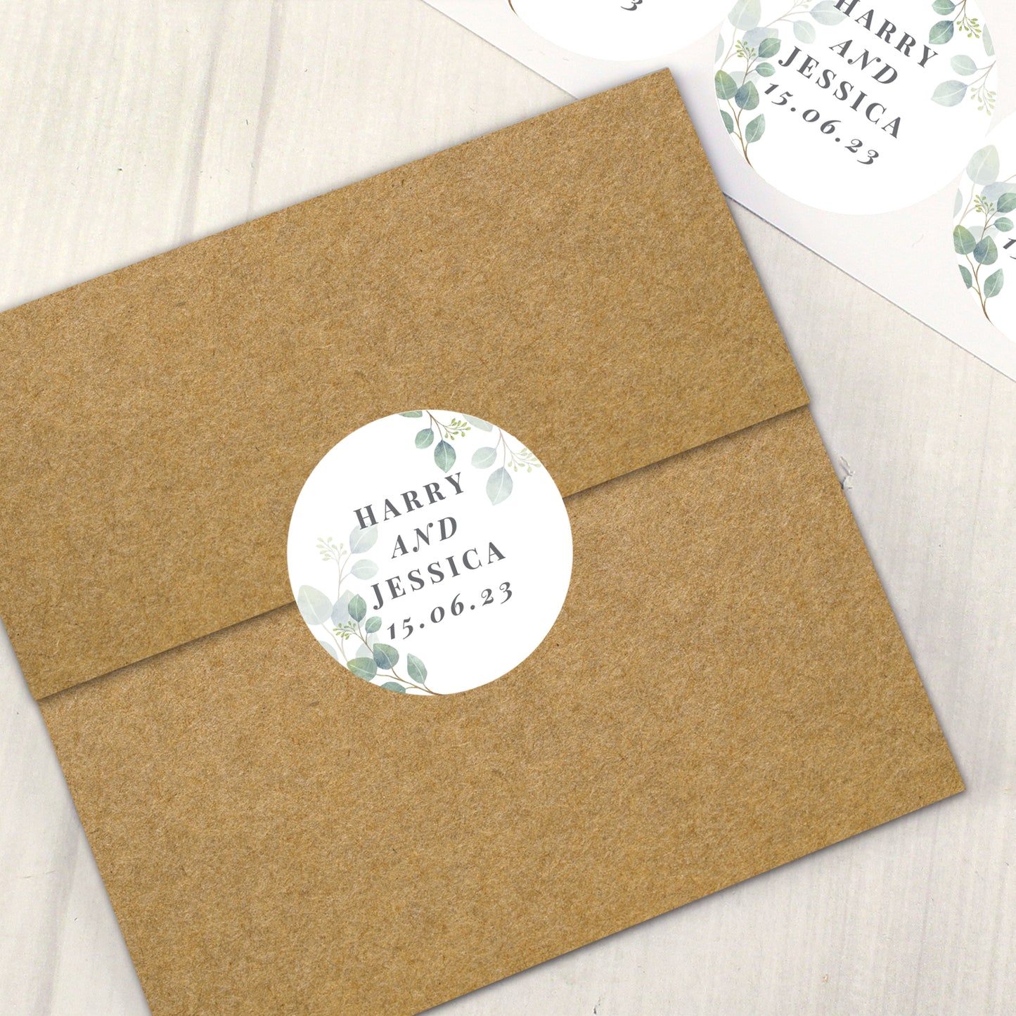 Personalised wedding sticky labels with pretty summer leafe design. Four lines of text, with second and fourth lines in italics.