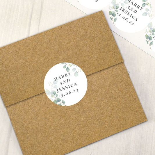 Personalised wedding sticky labels with pretty summer leafe design. Four lines of text, with second and fourth lines in italics.