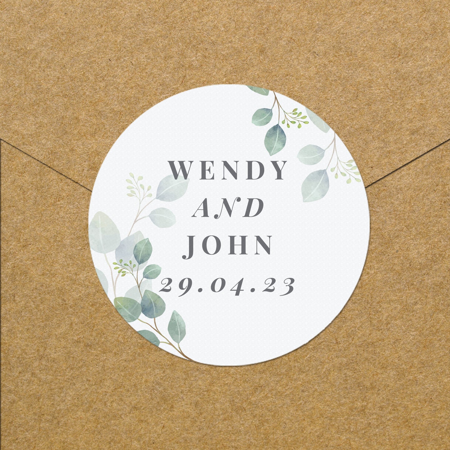 Personalised wedding sticky labels with pretty summer leafe design. Four lines of text, with second and fourth lines in italics.