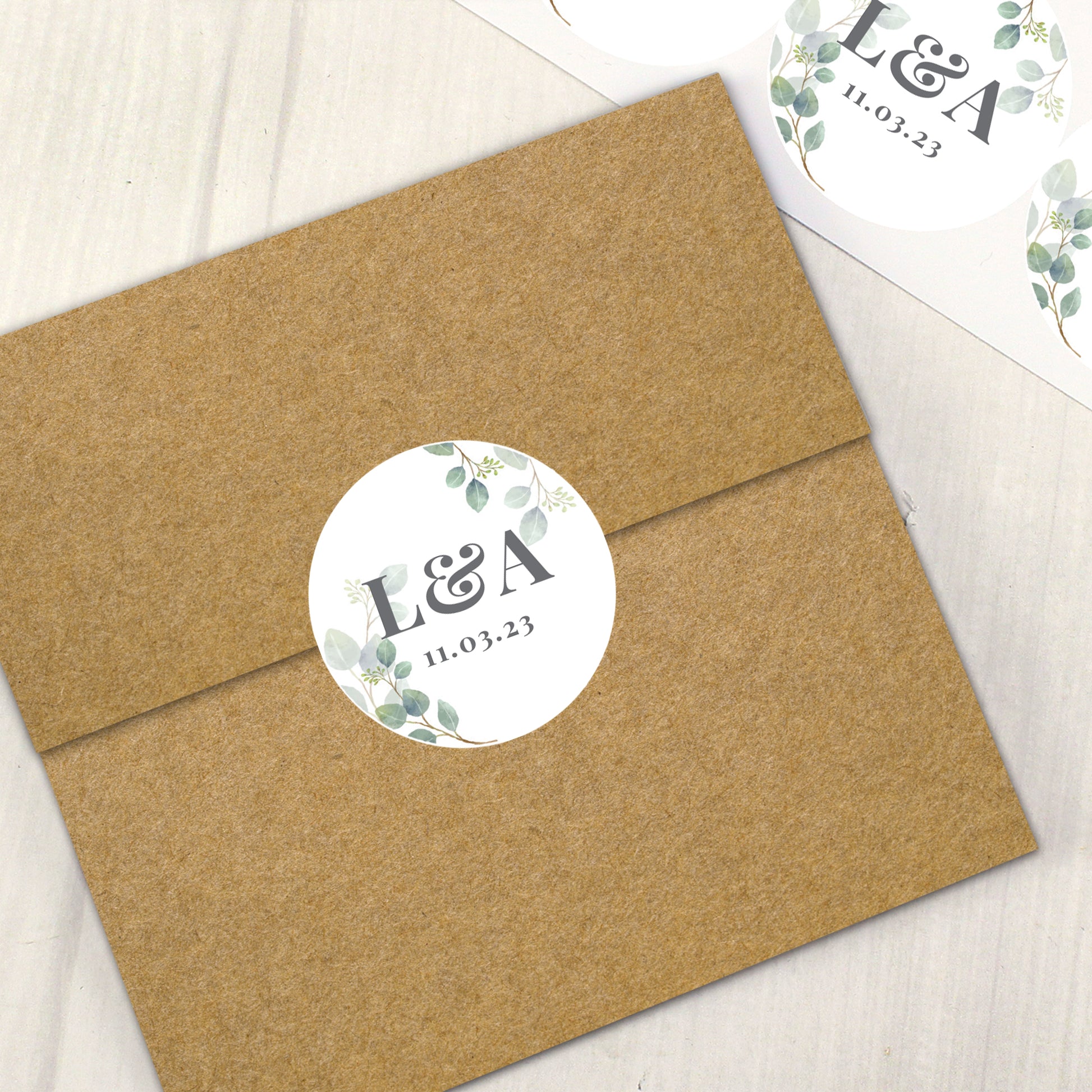 Personalised wedding sticky labels with pretty summer leafe design. Initials with ampersand and wedding date.