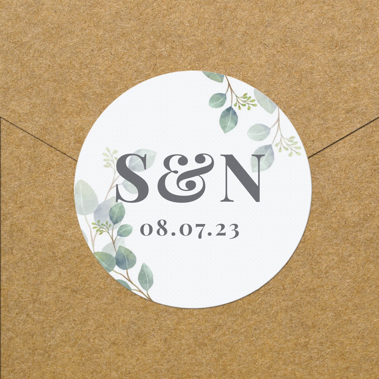 Personalised wedding sticky labels with pretty summer leafe design. Initials with ampersand and wedding date.