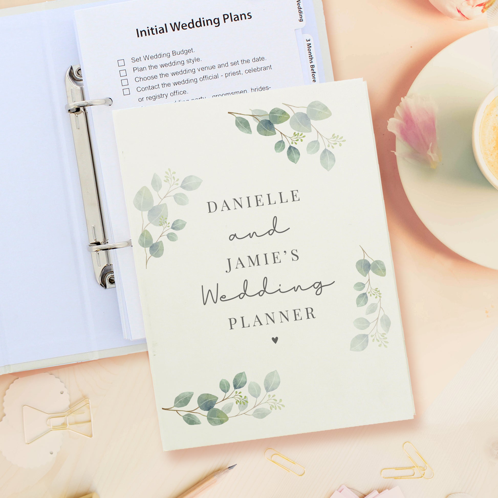 Leaf design wedding planner, personalised with the couples' names, secret garden theme, botanical wedding