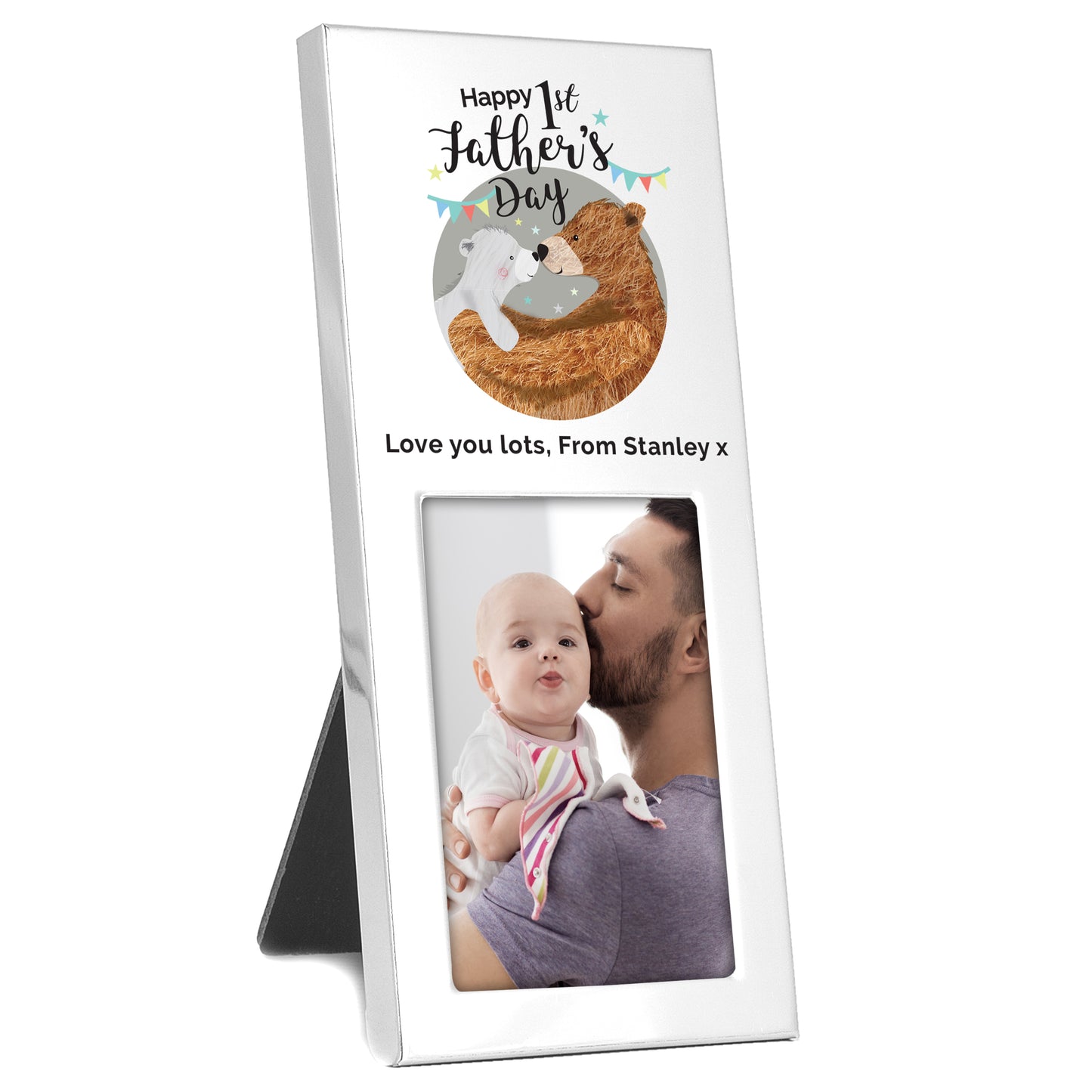 First Fathers Day frame with Daddy and Baby Bear illustration and room for a 2 x 3 inch photo. Personalise with your own message of up to 30 characters including spaces. Aluminium frame.