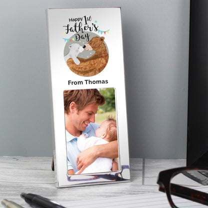First Fathers Day aluminium frame with Daddy and Baby Bear illustration takes a 2 x 3 inch photo. Personalise with your own message of up to 30 characters including spaces. 