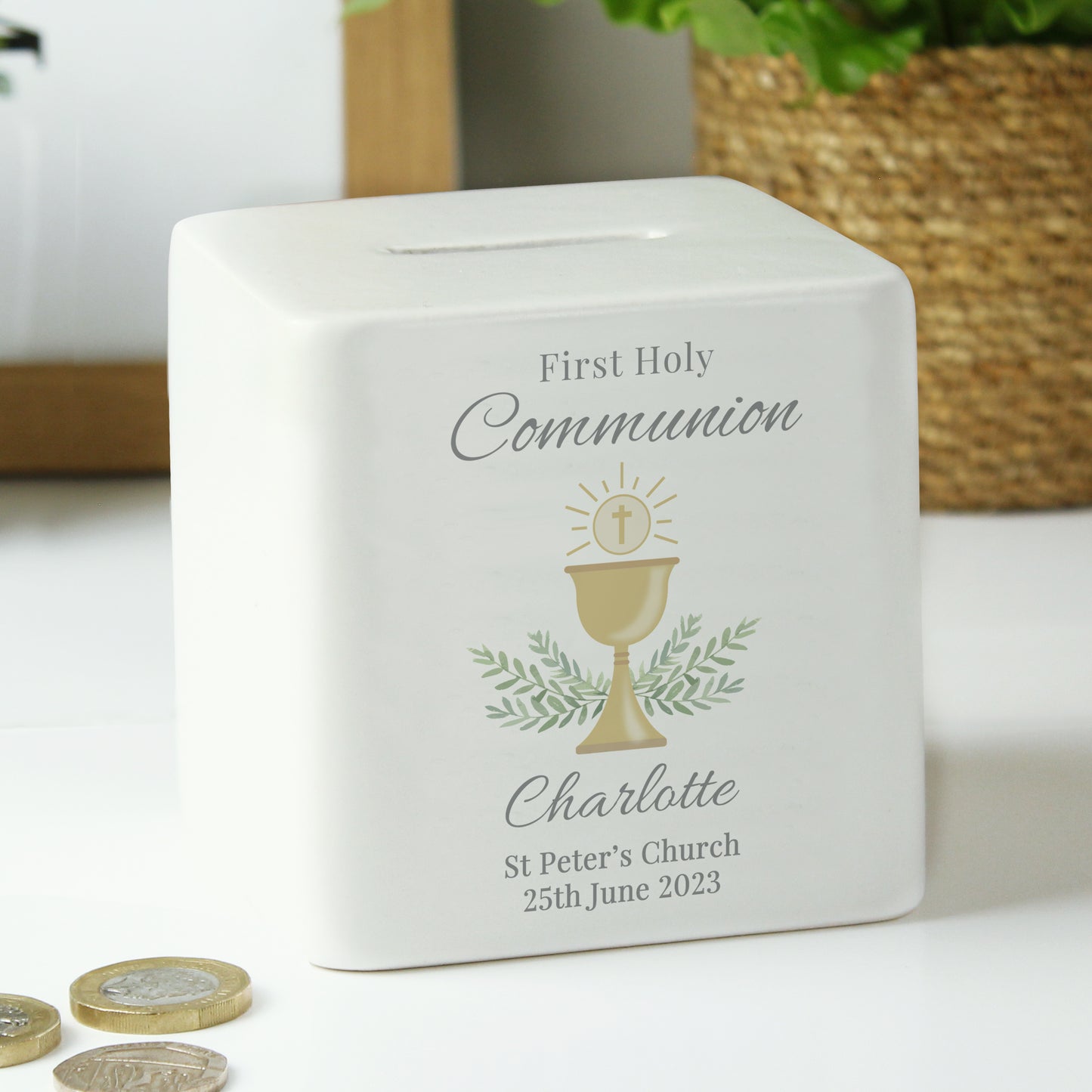 Ceramic First Holy Communion money box with pretty chalice pattern. Personalised with name and up to two further lines of text
