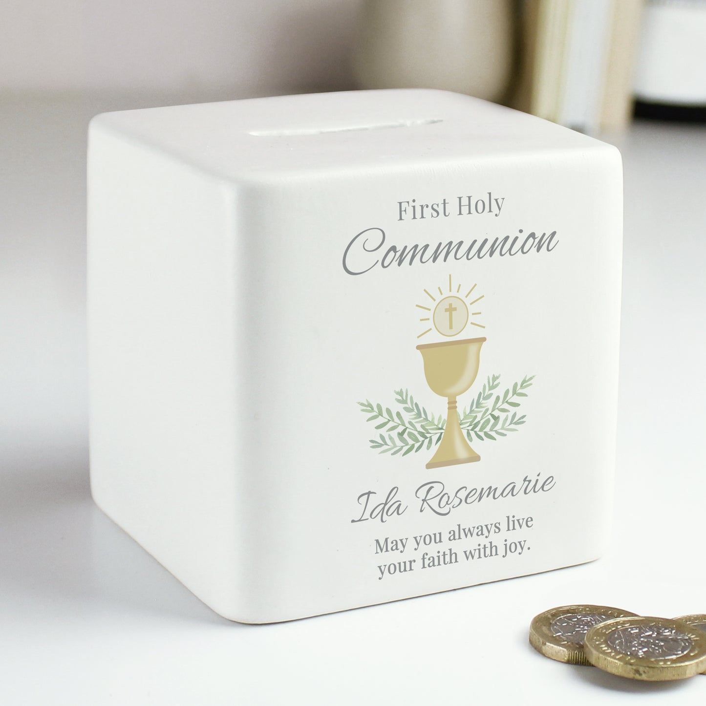 Ceramic First Holy Communion money box with pretty chalice pattern. Personalised with name and up to two further lines of text