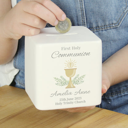 Ceramic First Holy Communion money box with pretty chalice pattern. Personalised with name and up to two further lines of text