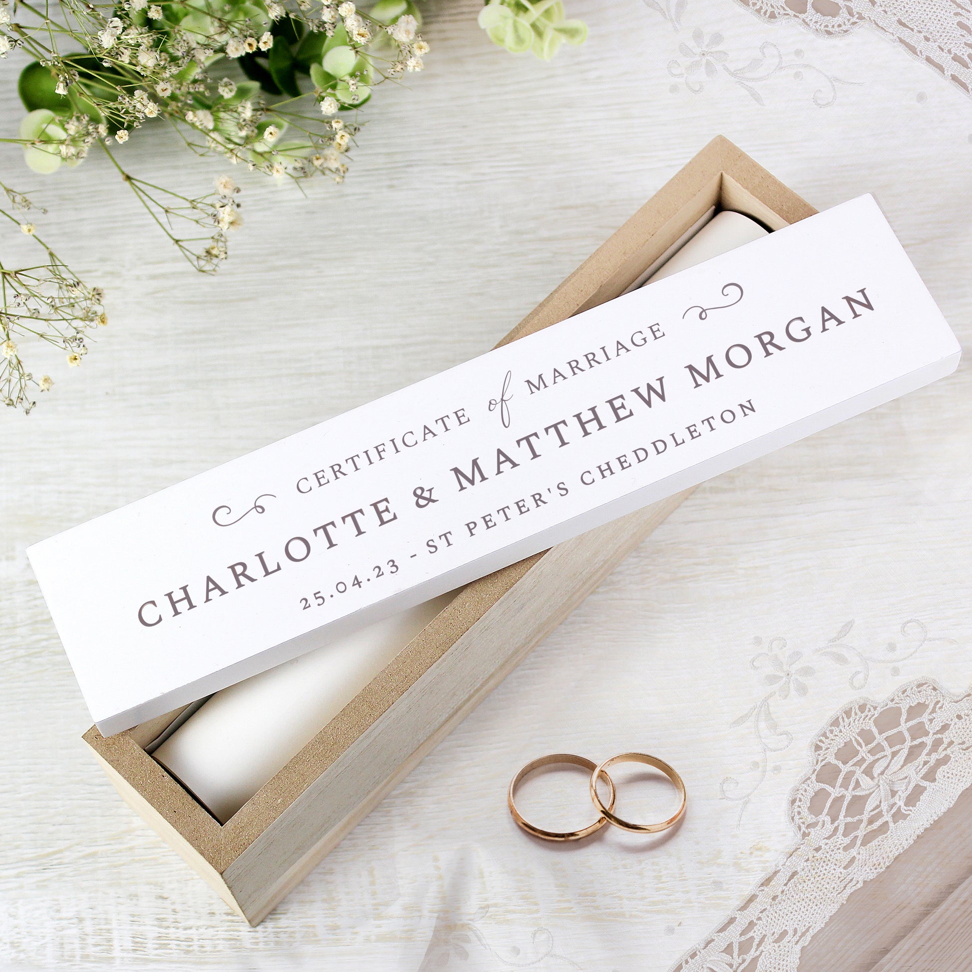 wooden box to contain marriage certificate, personalised with name and your own message