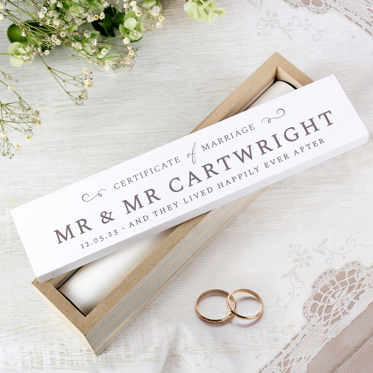 wooden box to contain marriage certificate, personalised with name and your own message