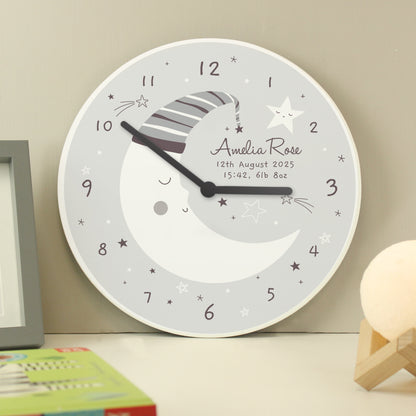 Wooden crescent moon clock with a sleepy moon and star design. Personalise with up to three lines of text.