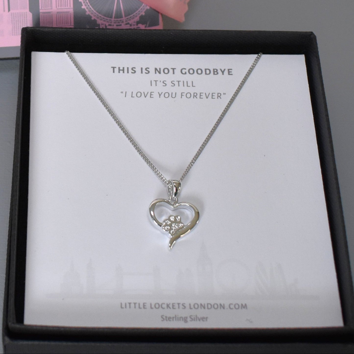 Silver heart shape necklace with crystal cubic zirconia paw print on 18" sterling silver diamond cut chain in gift box on gift  card