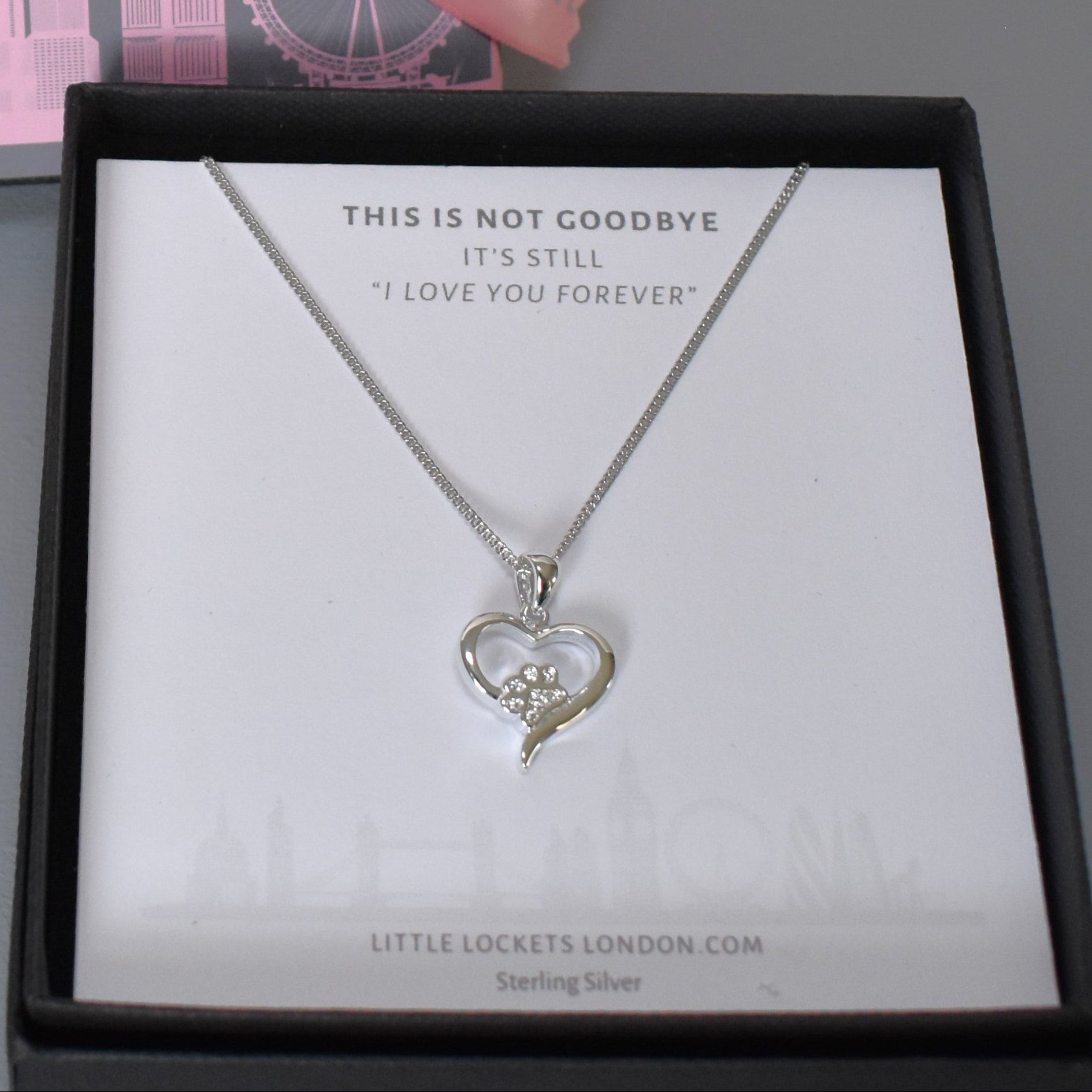 Silver heart shape necklace with crystal cubic zirconia paw print on 18" sterling silver diamond cut chain in gift box on gift  card