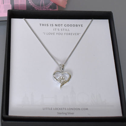 Silver heart shape necklace with crystal cubic zirconia paw print on 18" sterling silver diamond cut chain in gift box on gift  card