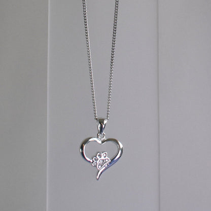 Silver heart shape necklace with crystal cubic zirconia paw print on 18" sterling silver diamond cut chain