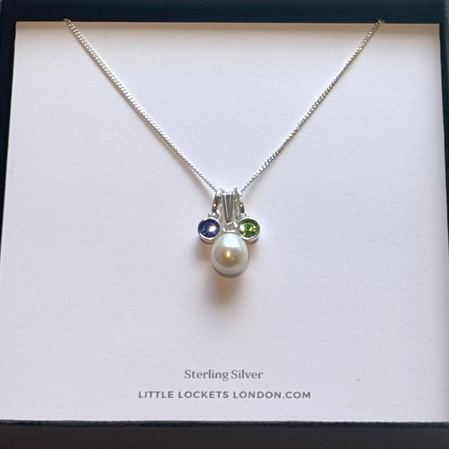 Freshwater pearl necklace with crystal birthstones presented on card in branded gift box