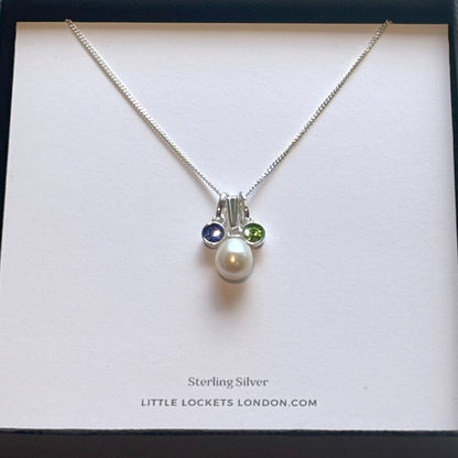 Freshwater pearl necklace with crystal birthstones presented on card in branded gift box