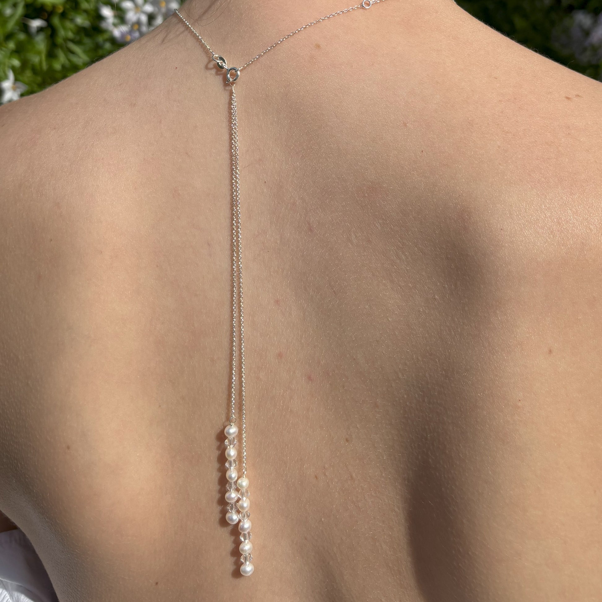 Sterling silver necklace with white glass pearls and crystals 