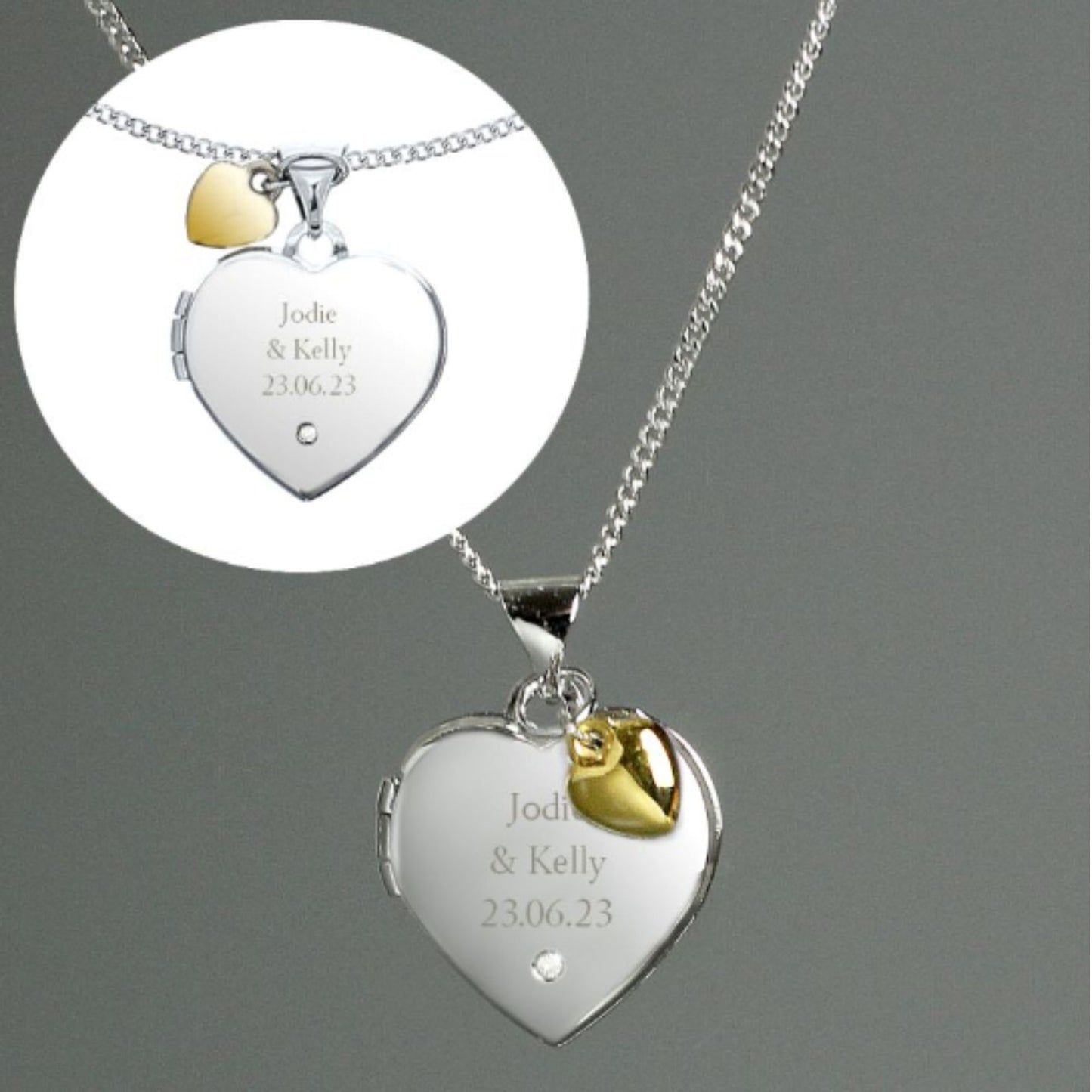 sterling silver heart shaped locket with engraved message and tiny gold heart, small diamond