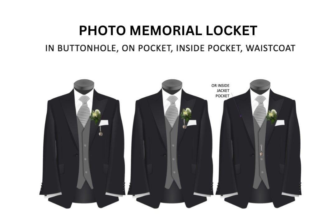 Diagram showing different placements for a photo memorial locket on formal attire.