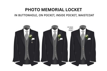 Diagram showing different placements for a photo memorial locket on formal attire.