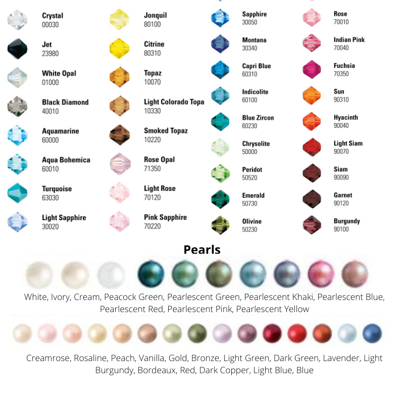Colour chart showing available crystal and pearl colours