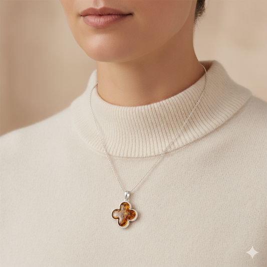 Sterling Silver Quatrefoil Pendant with Cognac Amber