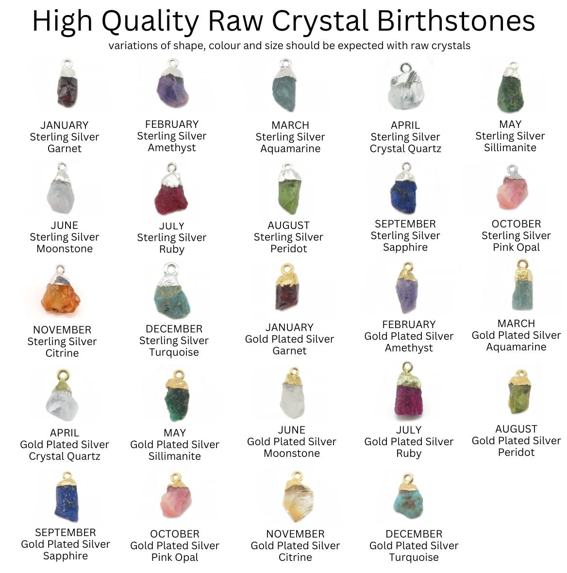 raw crystal birthstones shown with sterling silver and sterling silver gold plated tips