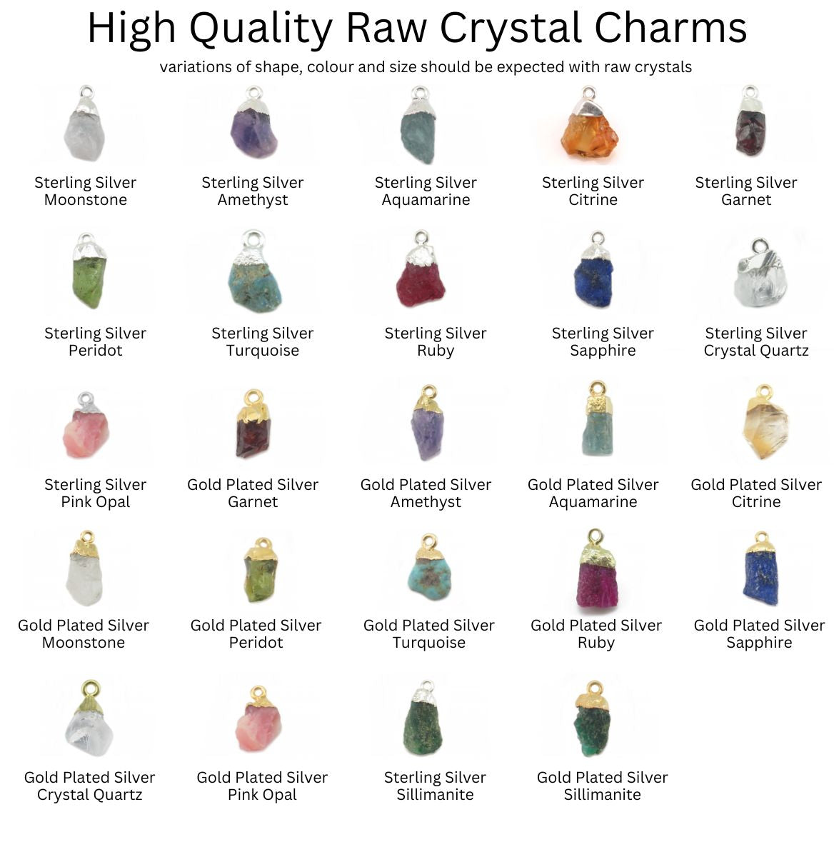 raw crystal charms shown with birth month.