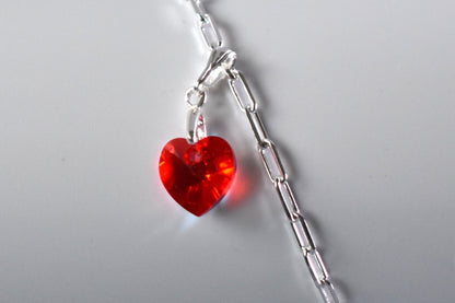 Sterling silver paperclip anklet with high quality crystal heart charm in your choice of colour.  Close up of heart