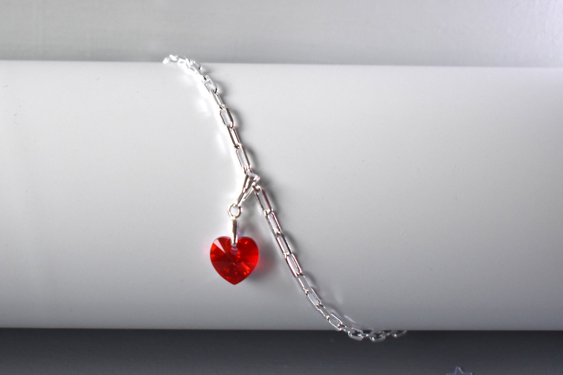 Sterling silver paperclip anklet with high quality crystal heart charm in your choice of colour. 