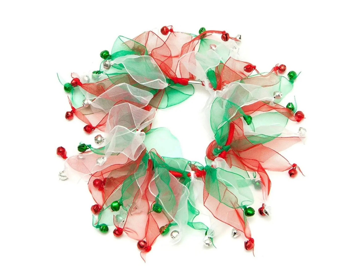 Red white and green tulle dog frill with jingle bells